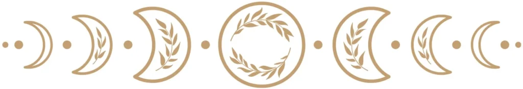 Illustration représentant les différentes phases de la lune en forme de croissant et de pleine lune, avec des ornements de feuilles dorées, sur fond blanc – symbole de cycle, spiritualité et nature.