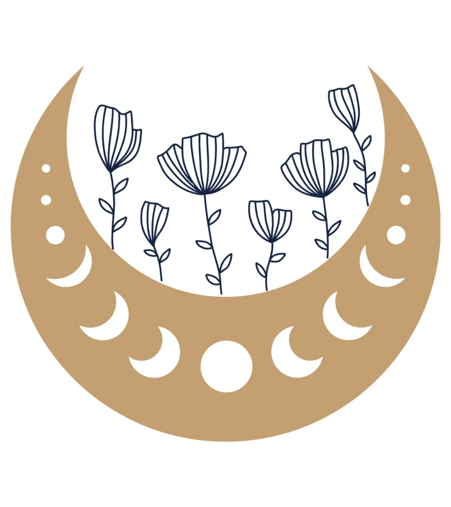 Illustration d’un croissant de lune doré avec des fleurs dessinées en ligne fine. Symbole de renaissance, de croissance et de lien entre les cycles lunaires et la nature. Style épuré dans les tons #C29E70 et bleu nuit.