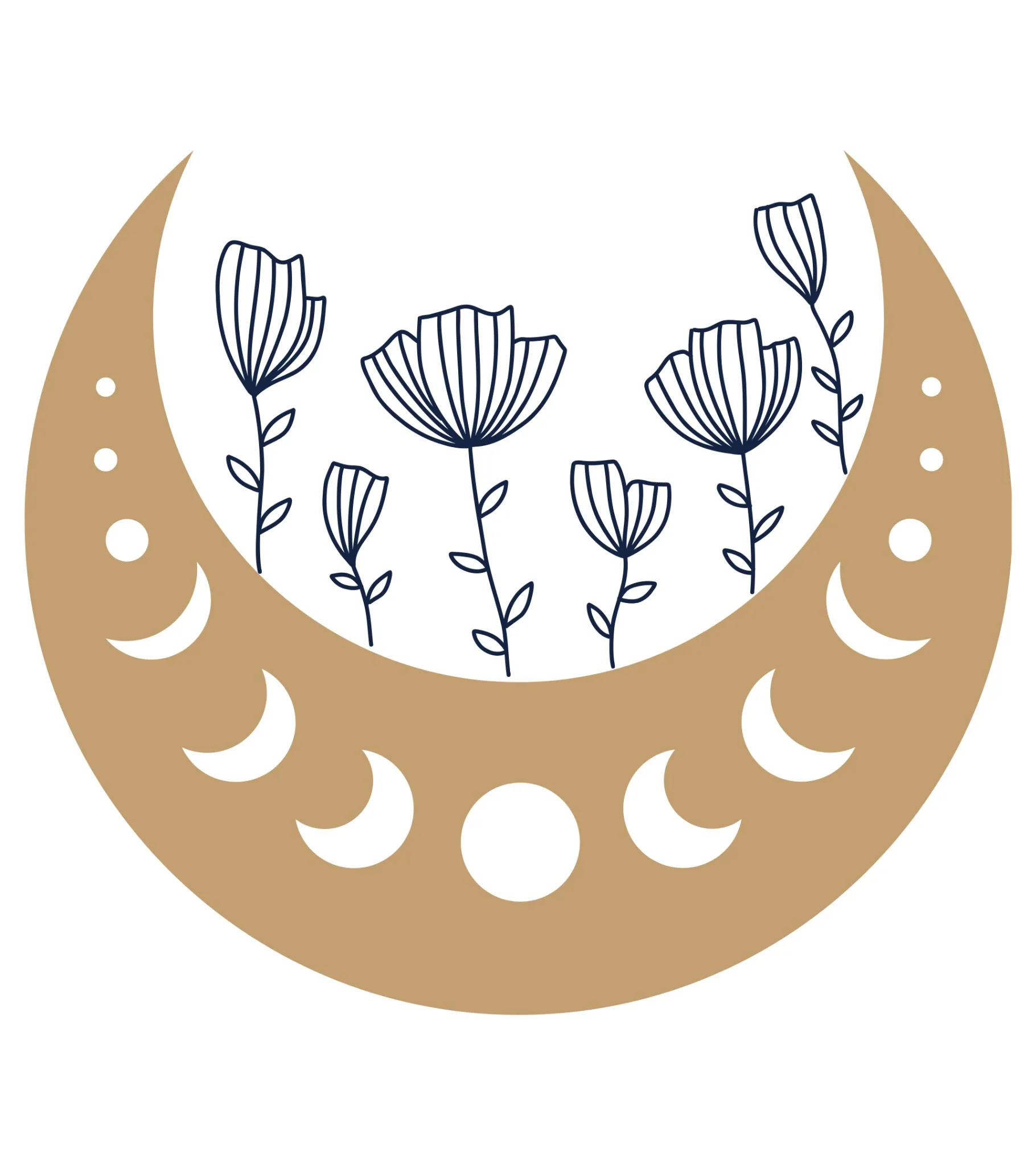 Illustration d’un croissant de lune doré avec des fleurs dessinées en ligne fine. Symbole de renaissance, de croissance et de lien entre les cycles lunaires et la nature. Style épuré dans les tons #C29E70 et bleu nuit.