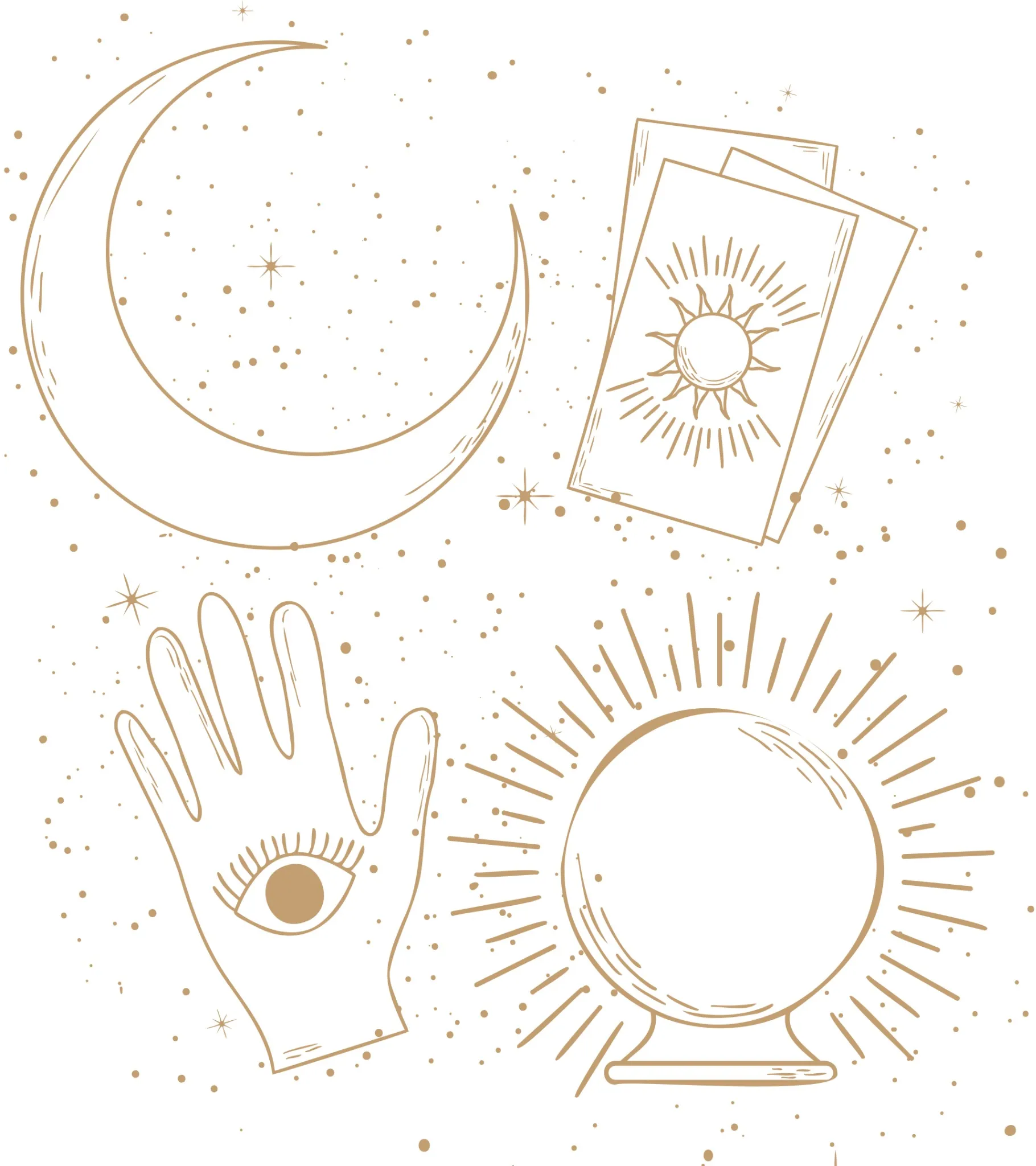 Illustration ésotérique représentant une lune, des cartes de tarot, une main avec un œil symbolique et une boule de cristal, dans un style linéaire doré sur fond blanc.