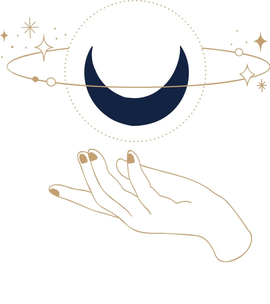 Main ouverte stylisée en dessous d’un croissant de lune bleu foncé entouré d’anneaux planétaires et d’étoiles dorées – illustration spirituelle et cosmique.