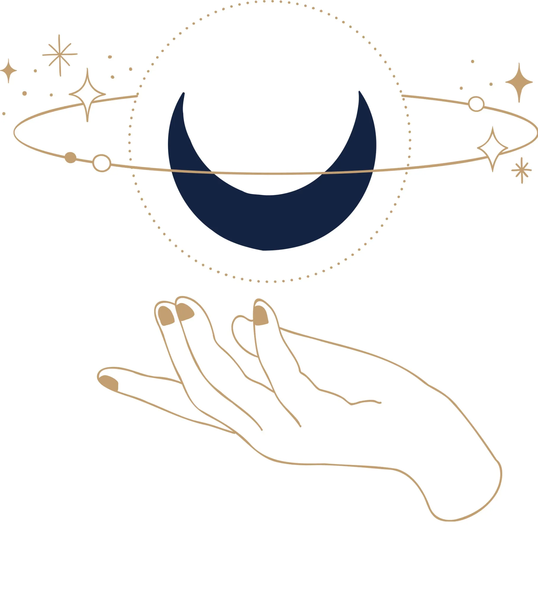 Main ouverte stylisée en dessous d’un croissant de lune bleu foncé entouré d’anneaux planétaires et d’étoiles dorées – illustration spirituelle et cosmique.