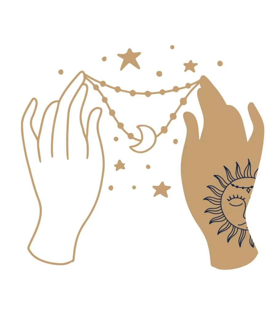 Illustration de deux mains stylisées tenant une guirlande de lune et d’étoiles, symbolisant un rituel spirituel, la connexion cosmique et l’énergie lunaire.