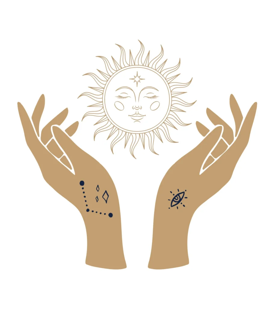 Illustration de deux mains ouvertes décorées de symboles mystiques, tenant un soleil spirituel avec un visage humain et une étoile sur le front.