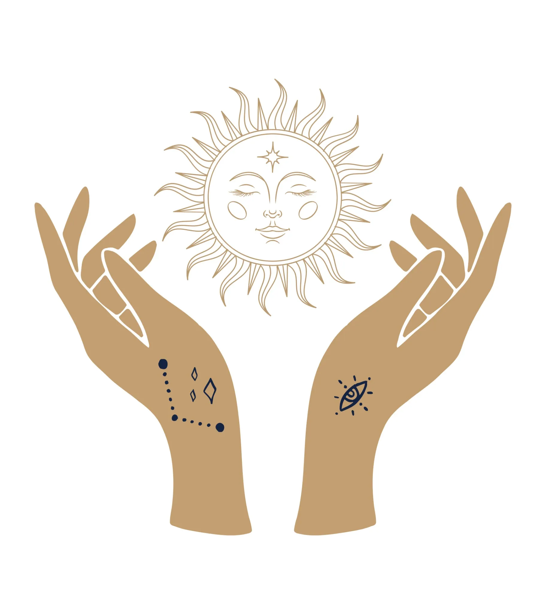Illustration de deux mains ouvertes décorées de symboles mystiques, tenant un soleil spirituel avec un visage humain et une étoile sur le front.