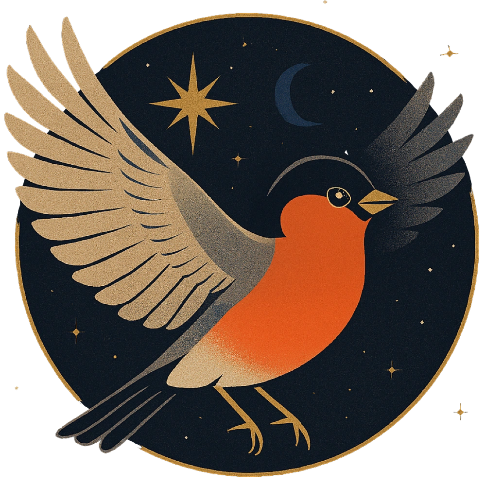 Logo spirituel représentant un bouvreuil en vol dans un cercle doré