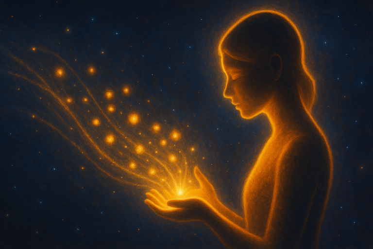 Silhouette lumineuse attirant des vibrations dorées dans ses mains, illustrant la loi de l’attraction – Les Voix de Kaara