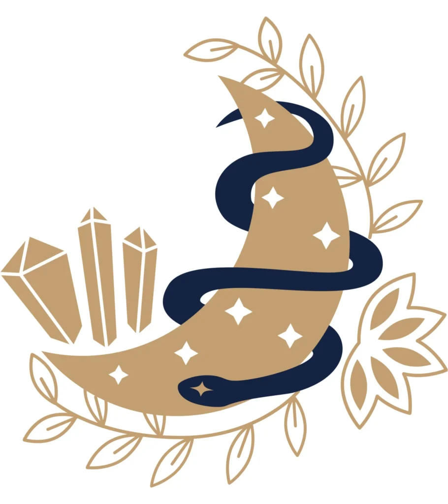 Illustration ésotérique lune, serpent et cristaux
