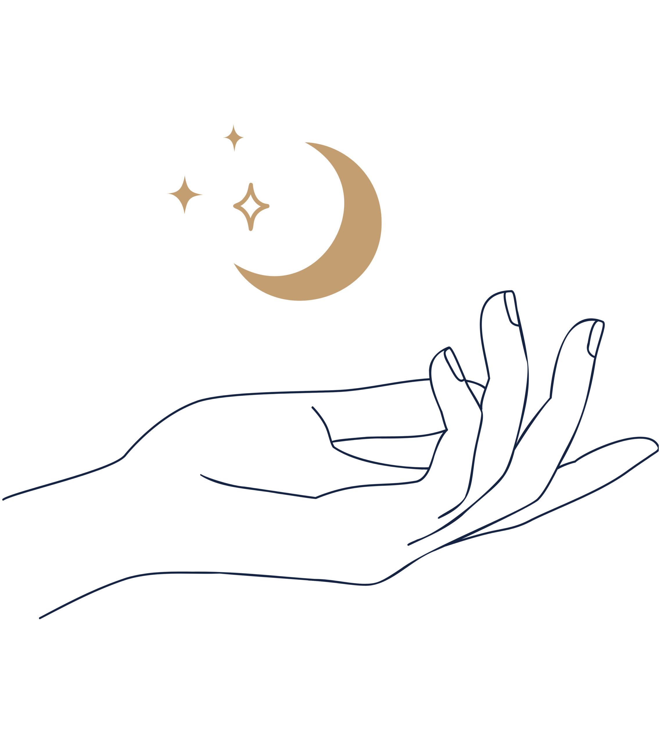 Illustration minimaliste d’une main tendue vers un croissant de lune et des étoiles – énergie spirituelle et intuition – Les Voix de Kaara