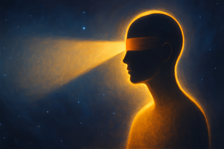 Silhouette lumineuse aux yeux bandés, illustrant la perception partielle d’un médium dans un champ énergétique limité – Les Voix de Kaara