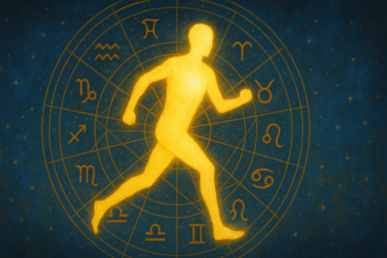 Silhouette lumineuse en mouvement sur une carte astrologique, symbolisant la responsabilité personnelle au-delà des énergies célestes – Les Voix de Kaara