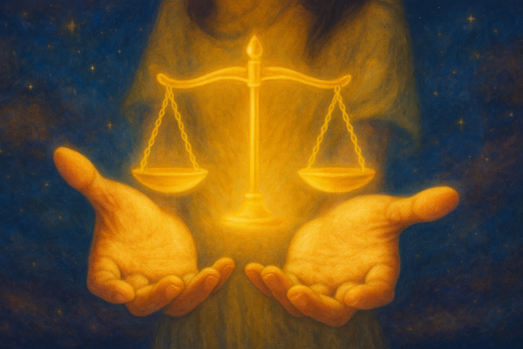 Deux mains lumineuses soutenant une balance dorée, symbolisant l’équilibre entre service spirituel et respect du devoir – Les Voix de Kaara