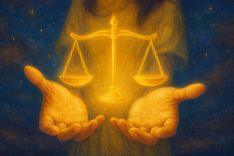 Deux mains lumineuses soutenant une balance dorée, symbolisant l’équilibre entre service spirituel et respect du devoir – Les Voix de Kaara