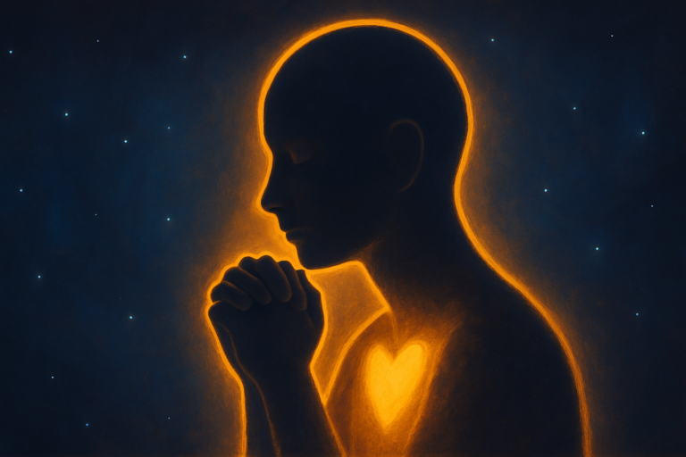 Silhouette lumineuse les mains jointes appuyées sous le menton, illustrant l’écoute du cœur au-delà de l’ouïe – Les Voix de Kaara