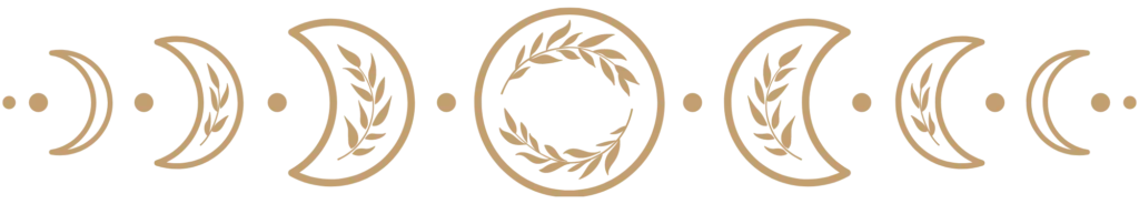 Illustration décorative des phases de la lune avec des feuilles dorées, symbole de spiritualité, nature et cycle lunaire