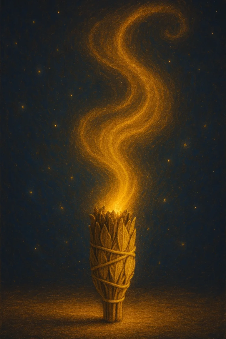 Bâton de sauge blanche dégageant une fumée dorée lumineuse, rituel spirituel sous un ciel étoilé – illustration des Voix de Kaara
